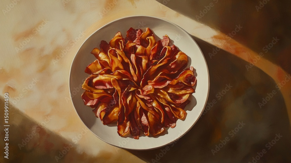 Poster a top-down view of multiple crispy bacon strips arranged in a fan shape on a white plate, with soft 