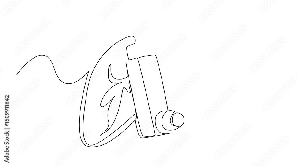 Poster animation of single continuous line drawing asthma inhaler with lung background. prevents coughing a
