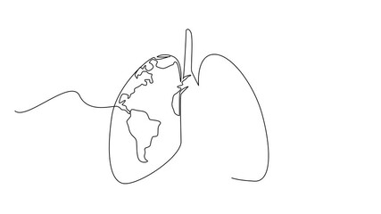Animated self drawing of single continuous line drawing lungs that contain a world map. Healthy lungs make it easier to explore the beauty of the world. World Asthma Day. Full length animation