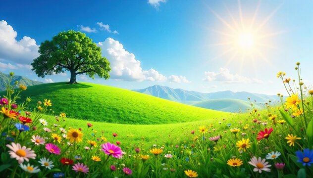 A vibrant summer scene featuring a lush green hill, wildflowers blooming, and sunlight illuminating the landscape Perfect for themes of nature, warmth, and seasonal beauty , landscape, idyllic