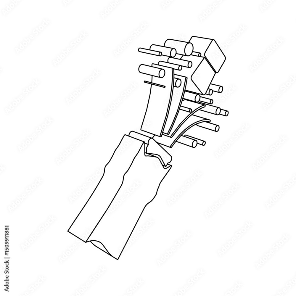 Poster the outline of a large champagne opening symbol is made with black lines. 3d view of the object in p