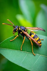 Paper wasp exploring green leaf in nature close up