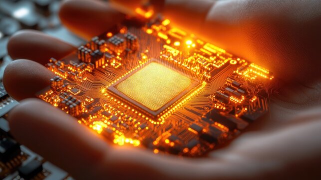 A close-up view of a glowing circuit board held in a hand.
