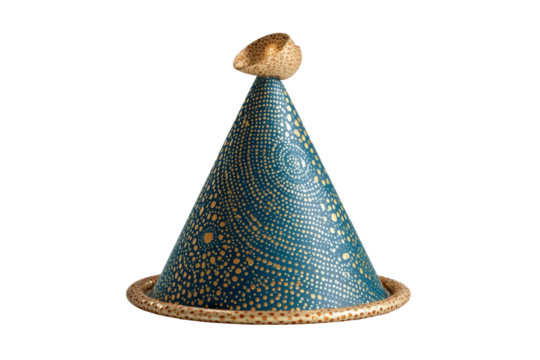 PNG Ceramic blue-gold conical sculpture with intricate dot patterns