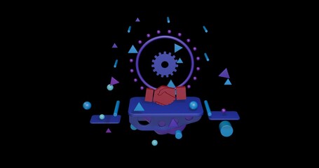 Red handshake symbol on a pedestal of abstract geometric shapes floating in the air. Abstract concept art with flying shapes in the center. 3d illustration on black background