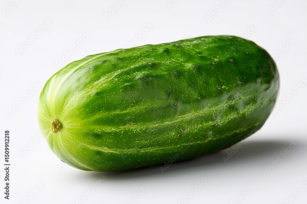 Poster a cucumber is sitting on a white background. the cucumber is green and has a pointed tip