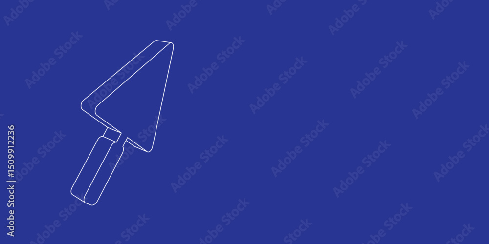 Poster the outline of a large trowel symbol made of white lines on the left. 3d view of the object in persp