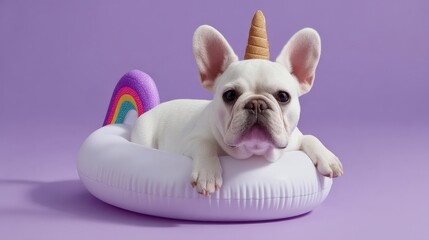 Unicorn Dog in Cloud Float on Purple Background