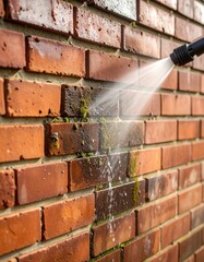Pressure washing brick wall with water spray for moss removal outdoors