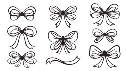 Tied ribbons in bow black silhouette collection. Festive accessory for wearing or decor clip art. Cute graceful hand drawn bows set, vector element