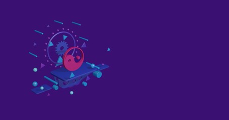 Naklejka premium Pink yin yang symbol on a pedestal of abstract geometric shapes floating in the air. Abstract concept art with flying shapes on the left. 3d illustration on deep purple background