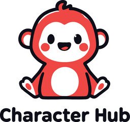 Fototapeta premium Cartoon Character & Branding Symbol Set Featuring a Playful Red Monkey with a White Face, Belly, and Feet, Sitting Cheerfully with a Wide Smile and Rosy Cheeks, Accompanied by the Bold 