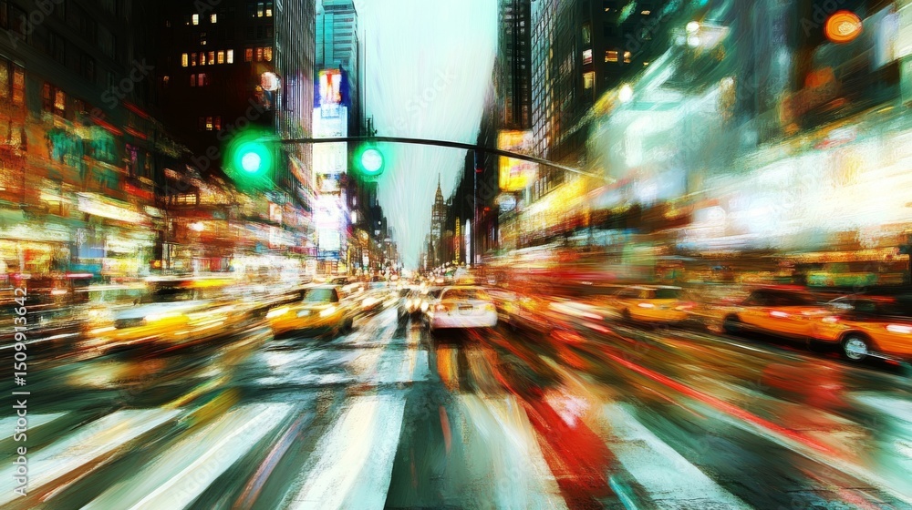 Poster a view of a green traffic light on a busy street, with blurred motion from passing cars and soft lig