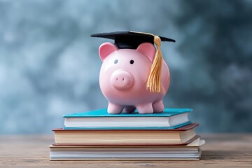 Piggy Bank with Graduation Cap on Books Symbolizing Education Savings