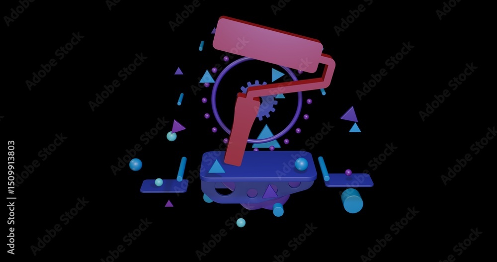 Poster red paint roller symbol on a pedestal of abstract geometric shapes floating in the air. abstract con