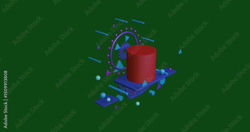 Poster red cylinder on a pedestal of abstract geometric shapes floating in the air. abstract concept art wi