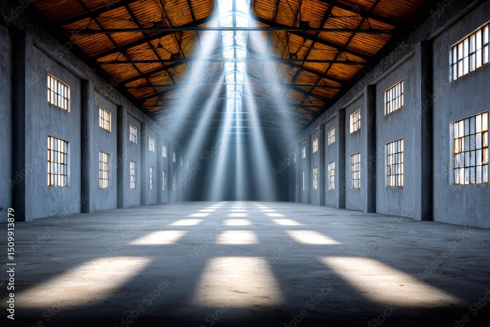 Poster sunbeams shining through roof windows in large empty warehouse