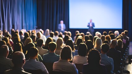 Naklejka premium Business conference audience listening to speaker in a dark auditorium