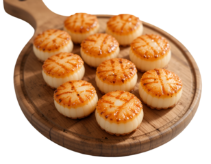 Seared Scallops on Wooden Board Delicious Seafood Close Up