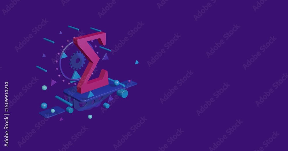 Poster pink sigma symbol on a pedestal of abstract geometric shapes floating in the air. abstract concept a