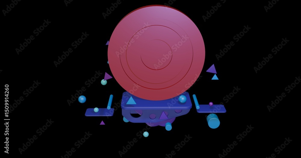 Poster red checker game symbol on a pedestal of abstract geometric shapes floating in the air. abstract con