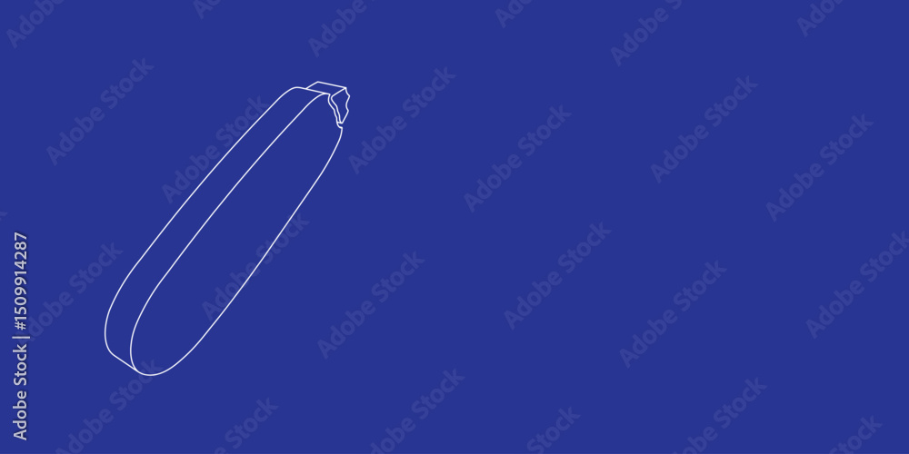 Poster the outline of a large zucchini symbol made of white lines on the left. 3d view of the object in per
