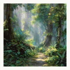 Enchanting Rainforest Studio Backdrop with Lush Greenery and Towering Trees