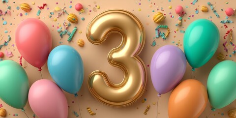 Gold Number 3 Balloon with Colorful Balloons and Confetti for Third Birthday Celebration