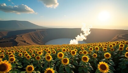 Obraz premium Sunflower Field Near Volcano Under Bright Sun in Clear Sky