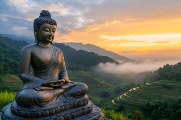 Buddha statue meditating with scenic sunset over mountain valley