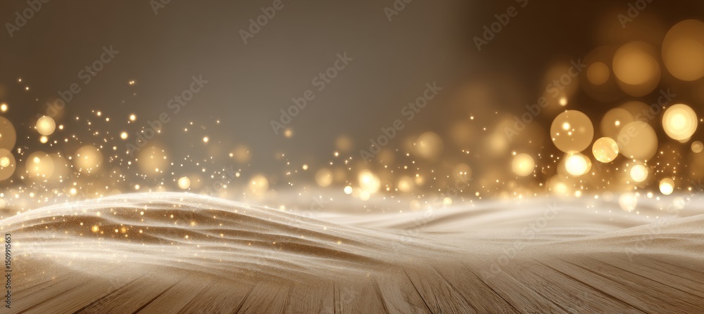 Poster blurry golden festive bokeh lights on a cream background with space for text or advertisement.