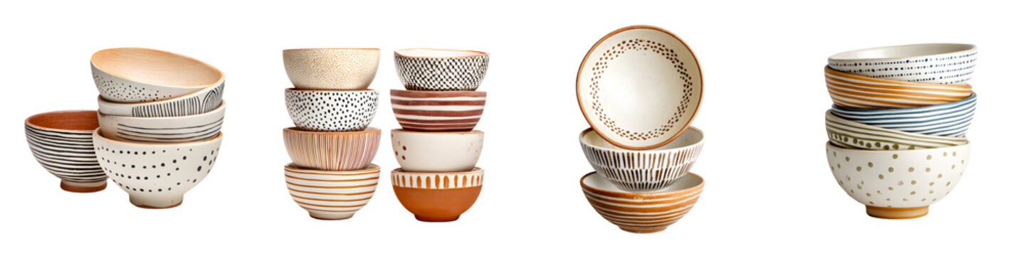 Charming ceramic bowls stack with unique designs in earthy tones, functional kitchenware for serving or display, enhancing modern aesthetics and culinary experiences