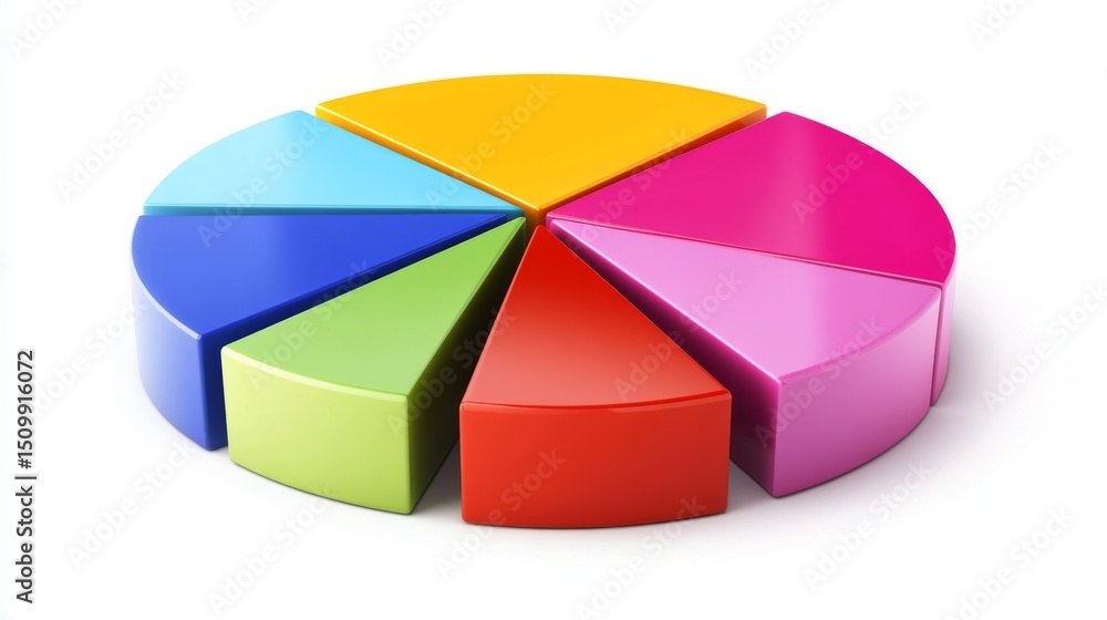 Poster colorful pie chart on a plain white background, segmented in bold colors with a shadow effect for a 