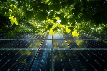Solar panels and green leaves renewable energy sustainable power generation eco friendly technology clean energy