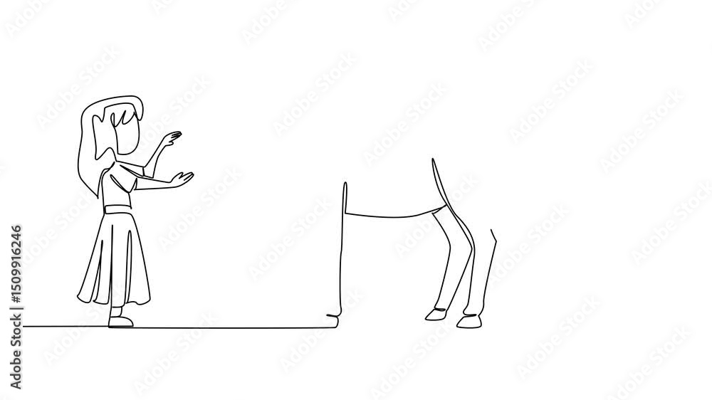 Poster self drawing animation of continuous one line drawing the girl stands in front of the donkey and str