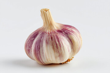 A purple and white garlic bulb sits on a white background. The bulb is fresh and unpeeled