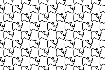 Seamless pattern completely filled with outlines of rhinoceros head symbols. Elements are evenly spaced. Illustration on transparent background