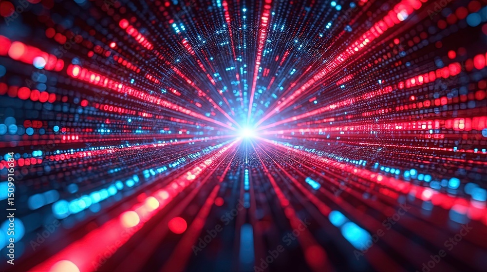Poster hi-tech blue, red background with abstract data flow, matrix effects. binary code, numbers. coding s