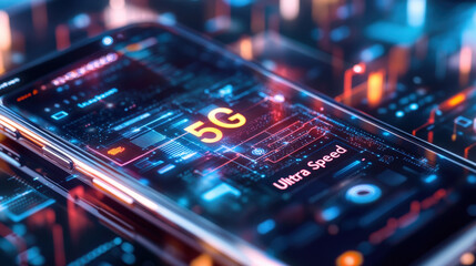 A close-up of a transparent phone with "5G Ultra Speed" displayed on its holographic interface