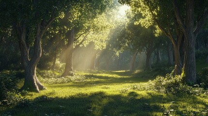 Tranquil forest clearing with sun filtering through trees.