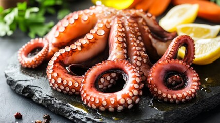 Fototapeta premium Grilled octopus served on a rustic stone platter, drizzled with olive oil and sprinkled with coarse sea salt, with a side of fresh vegetables