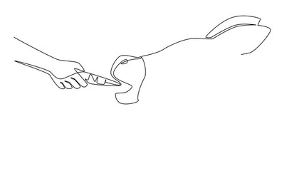 Animation of continuous one line drawing hand holding carrot is feeding the donkey. Eat with gusto. Extra food for hard work. Very easy to be friendly. World Donkey Day. Full length motion