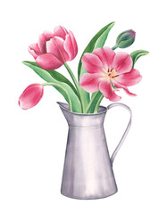Watercolor bouquet with tulips. Hand drawn illustration beautiful floral flowers and buds in jug.