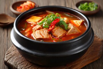 Fototapeta premium Korean kimchi jjigae soup with tofu and chicken in black stone bowl