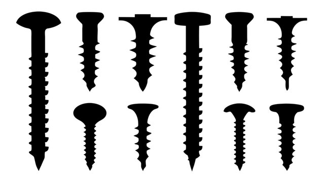 Set of black various screws vector silhouette