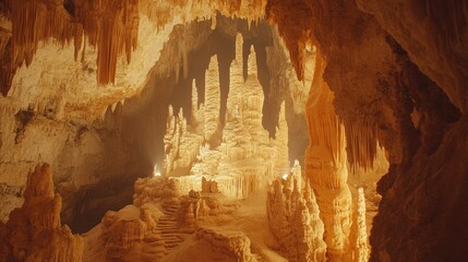 Cave interior with intricate stalactites and stalagmites.
