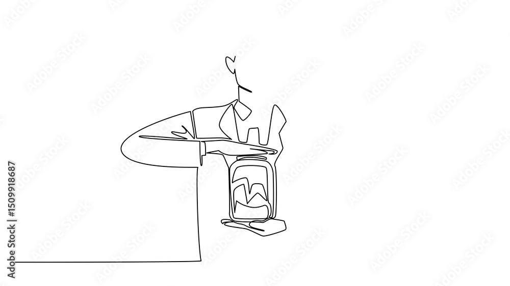 Poster animation of single continuous line drawing a man in a suit and tie holds a large jar filled with do
