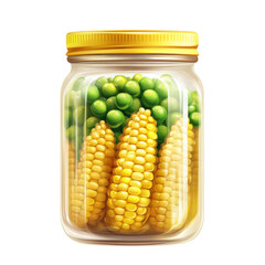 Jar of Fresh Corn and Peas Preserved for Delicious Meals on transparent background