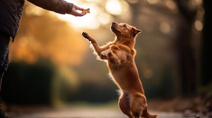 A joyful dog reaches for a treat in a beautiful autumn setting. The vibrant colors create a warm atmosphere. Connection between pet and owner shines. Generative AI