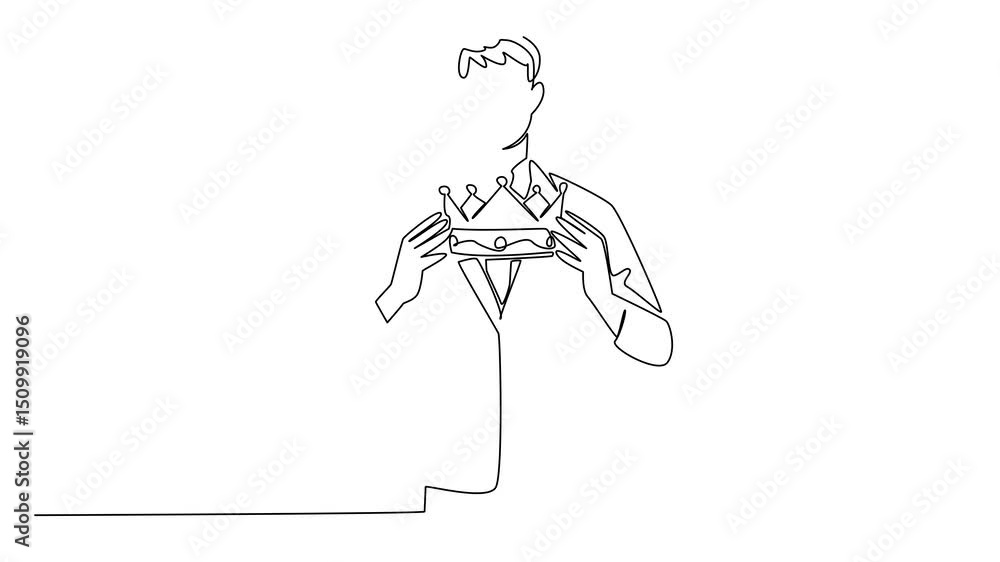 Poster animated self drawing of single continuous line drawing a man in suit and tie holding a crown with b